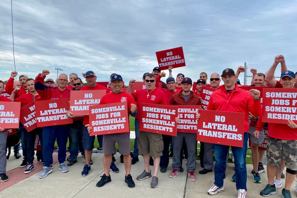 The Somerville Firefighters Local 76 protested Mayor Ballantyne's preference to hire non-Somerville residents using a process called "lateral transfer". Photo credit: Rand Wilson