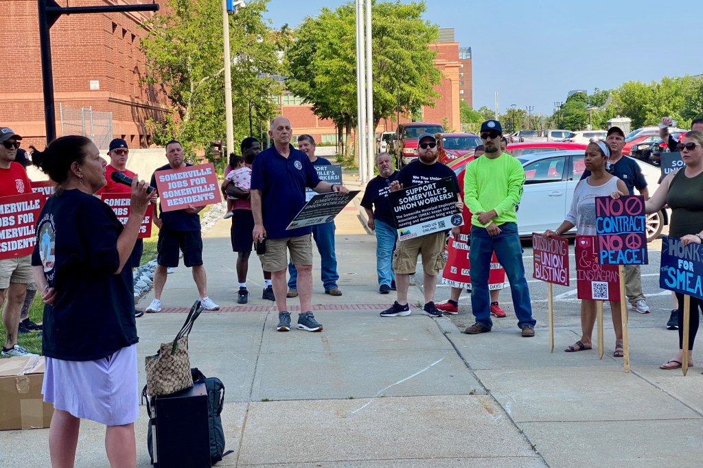 Marianne Walles, a vice president of SEIU Local 509 and 2019 Somerville mayoral candidate spoke at the event. Photo credit: Rand Wilson